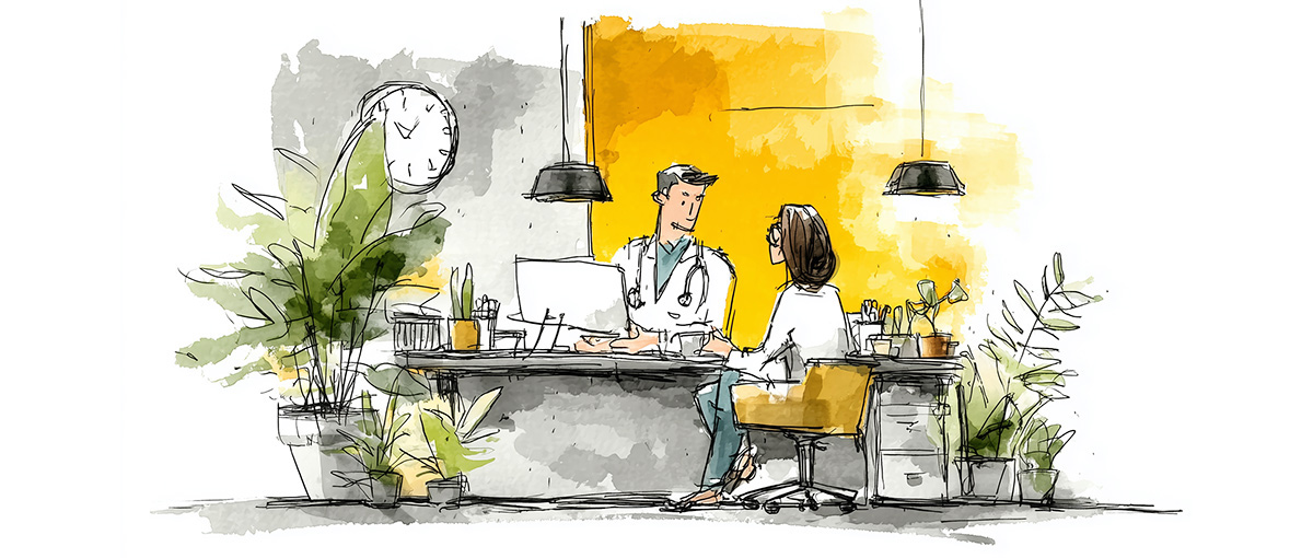 two staff members in a focussed conversation