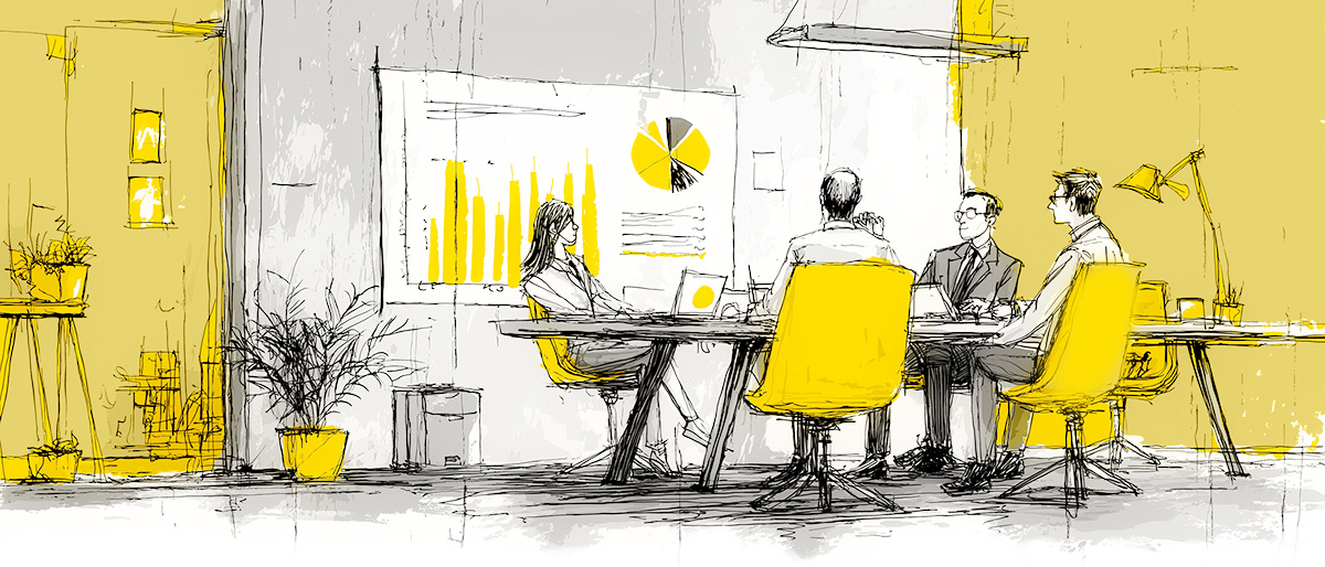 A team discussing work with Data Visualization Dashboards on screens