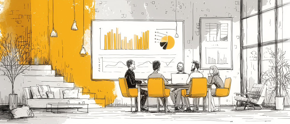 A team discussing work with Data Visualization Dashboards on screens